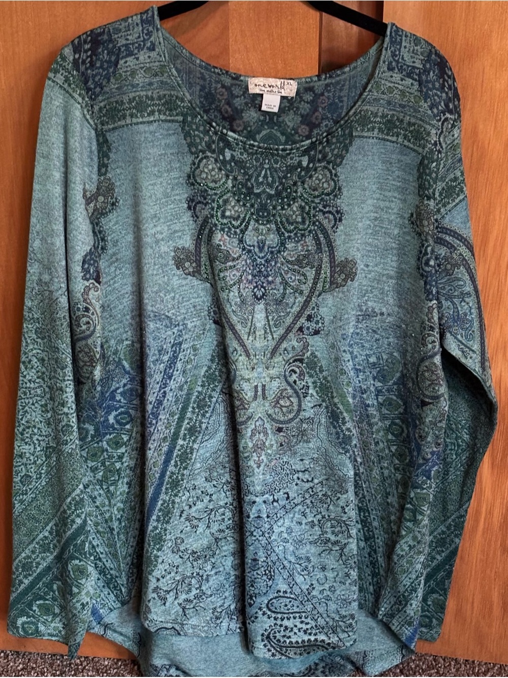 ONE WORLD Teal and Mauve Paisley Knit Top